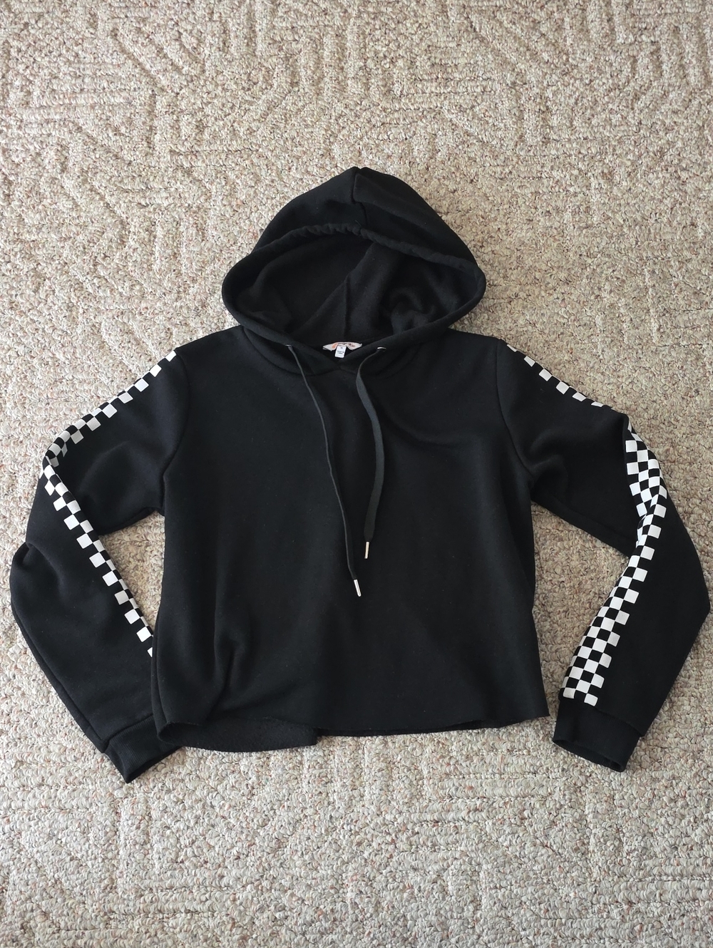 Black Women's Hoodie with Checker Sleeve Detail